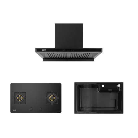 ชุดเซ็ทเครื่องดูดควันติดผนัง EVE HC-MAXIMUS-90 ขนาด 90 ซม. + เตาแก๊ส 2 หัว HB78-2BBTA/BG + อ่างล้างจานหินแกรนิต PHILIP 780/520 BLACK สีดำ_0